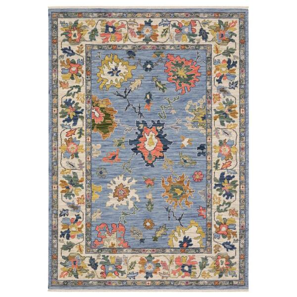 7' X 10' Blue Ivory And Yellow Oriental Area Rug With Fringe