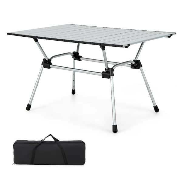 Heavy-Duty Silver Aluminum Camping Table, Folding Outdoor Picnic Table with Carrying Bag