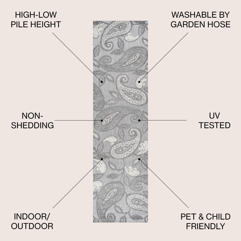 Boho Paisley Light Gray/Ivory 2x10 Indoor/Outdoor Runner Rug