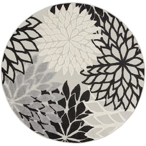 Aloha Contemporary Black White 4 ft. Round Floral Indoor/Outdoor Patio Area Rug