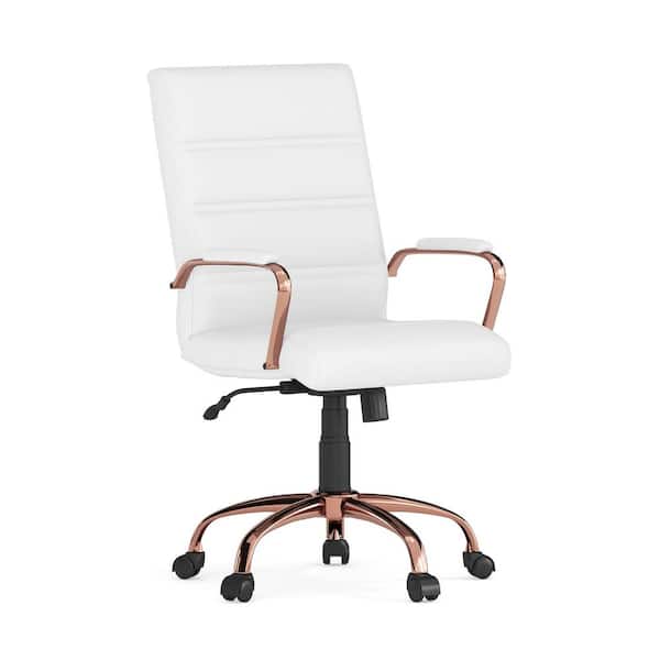 Flash Furniture Whitney Mid-Back Faux Leather Swivel Ergonomic Office Chair in White/Rose Gold Frame with Arms