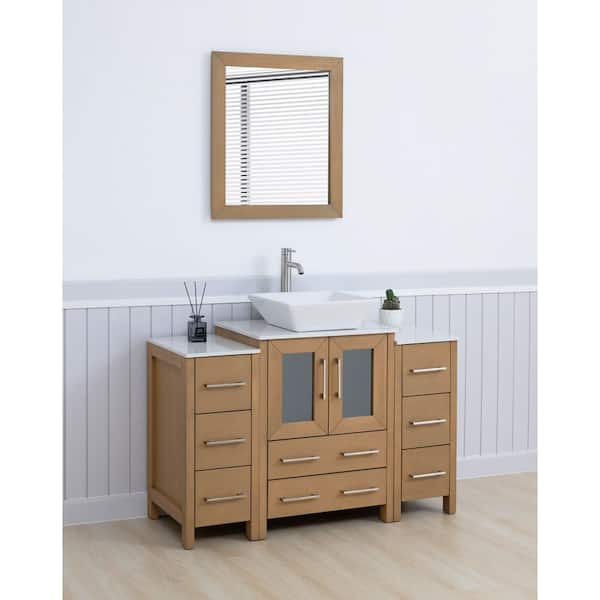 48 in. W Single Basin Natural Oak Bath Vanity with White Engineered Marble Top and Mirror