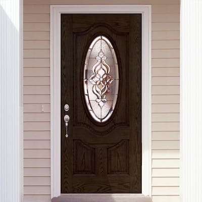 37.5 in. x 81.625 in. Lakewood Zinc 3/4 Oval Lite Stained Walnut Oak Left-Hand Inswing Fiberglass Prehung Front Door