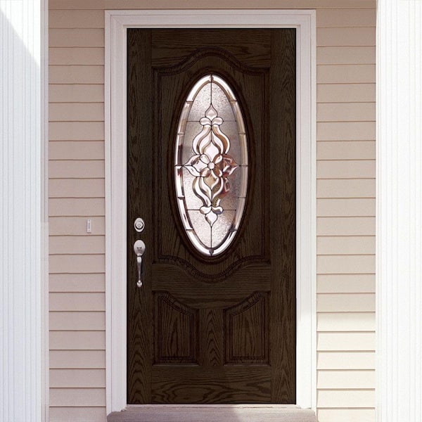 37.5 in. x 81.625 in. Lakewood Zinc 3/4 Oval Lite Stained Walnut Oak Right-Hand Inswing Fiberglass Prehung Front Door