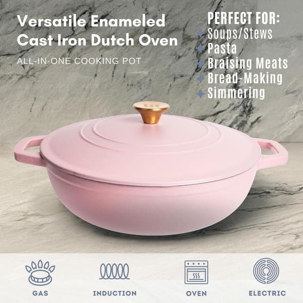 Lexi Home Enameled 5 qt. Cast Iron Dutch Oven Braiser - Pink Matte