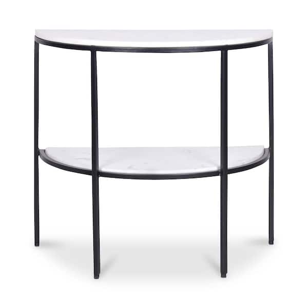 Unbranded Kestrel 23.5 in. White Half-Circle Marble Top Accent Table with Iron Frame and Shelf