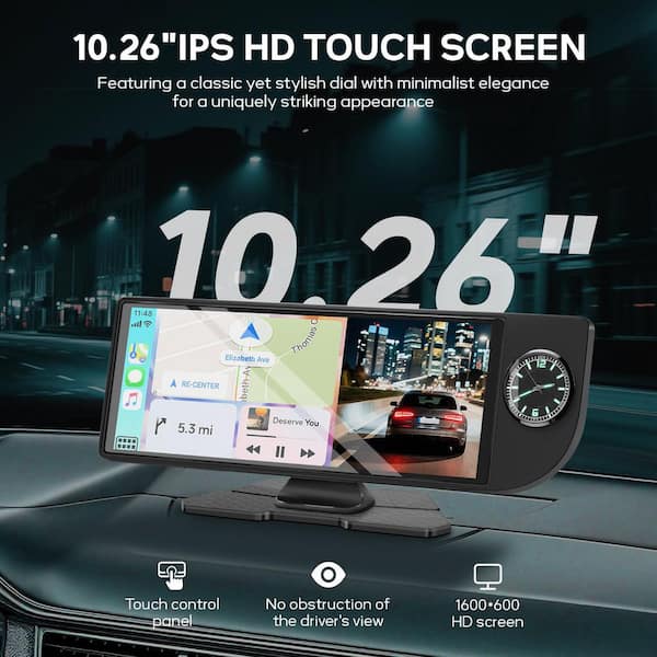 10.26 in HD Touch Screen Car Stereo, with CarPlay, Android Auto, White Built-in Clock, Dual Cameras