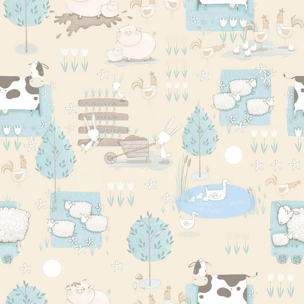 Tiny Tots 2 Collection Turquoise/Beige Matte Finish Farmland Animals Non-Wo