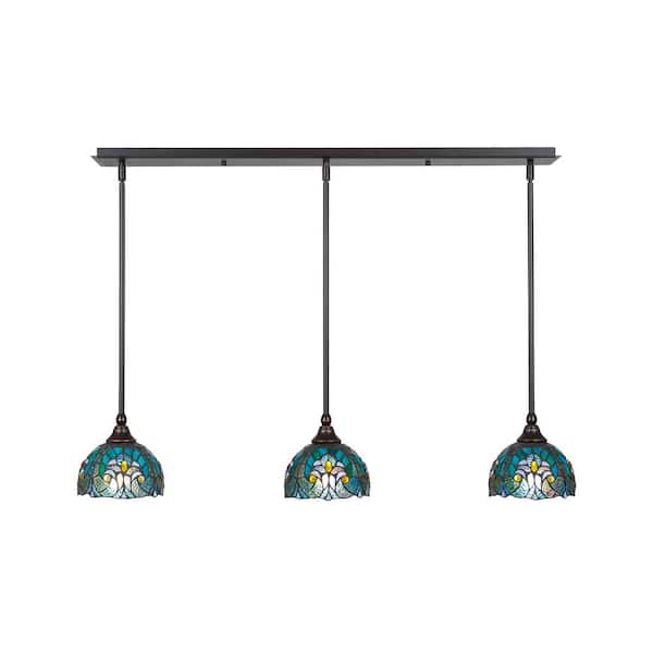 Unbranded Livingston 100-Watt 3 Light Dark Granite Linear Pendant Light with 7 in. Art Glass Glass Shades No Bulbs Included