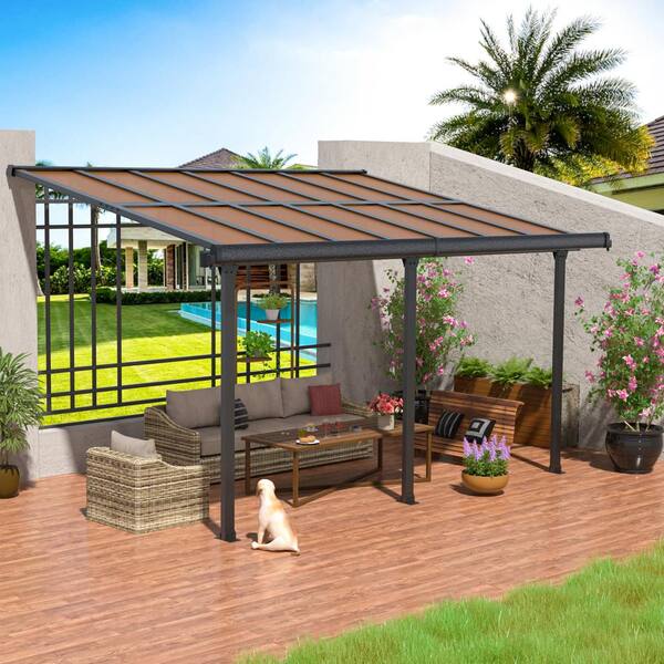 VEIKOUS 14 ft. x 10 ft. Polycarbonate Patio Covers Wall Mount Gazebo Pergola, Black PG021702