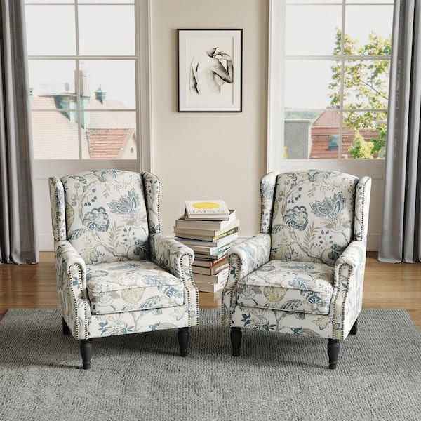 Uixe Plants Blue Linen Upholstered High Back Accent Arm Chair with
