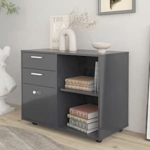 32 in. W x 16 in. D x 23.8 in. H Gray Linen Cabinet Mobile Filing Cabinet with Drawers and Open Shelves