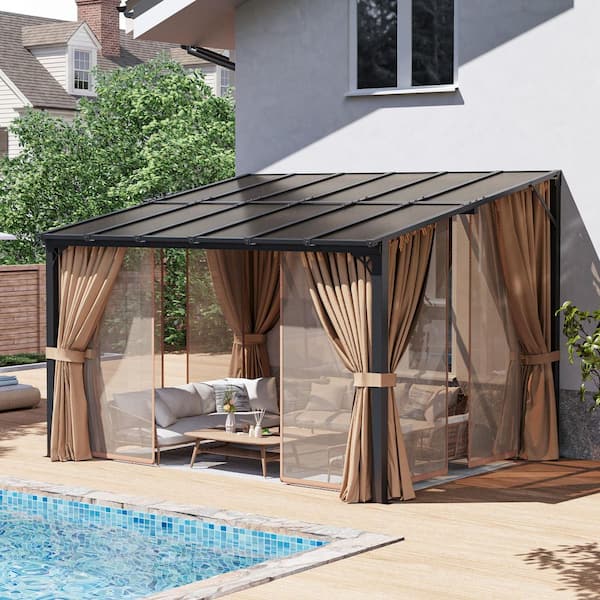 12 ft. x 10 ft. Wall-Mounted Sloped Roof Hardtop Gazebo with Polycarbonate Panels with Netting and Curtain