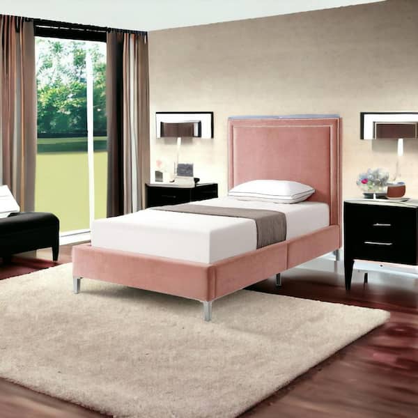 HomeRoots Pink Wood Frame Twin Panel Bed with Nailhead Trim Upholstered