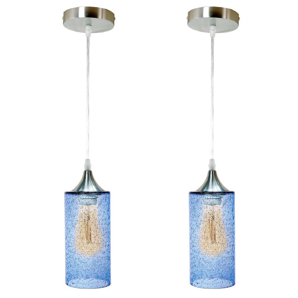 1-Light Cylinder Nickel Hand Blown Blue Seeded Glass Shade Pendant (Pack of