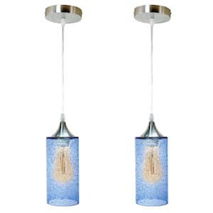 1-Light Cylinder Nickel Hand Blown Blue Seeded Glass Shade Pendant (Pack of 2)
