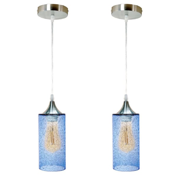 Unbranded 1-Light Cylinder Nickel Hand Blown Blue Seeded Glass Shade Pendant (Pack of 2)