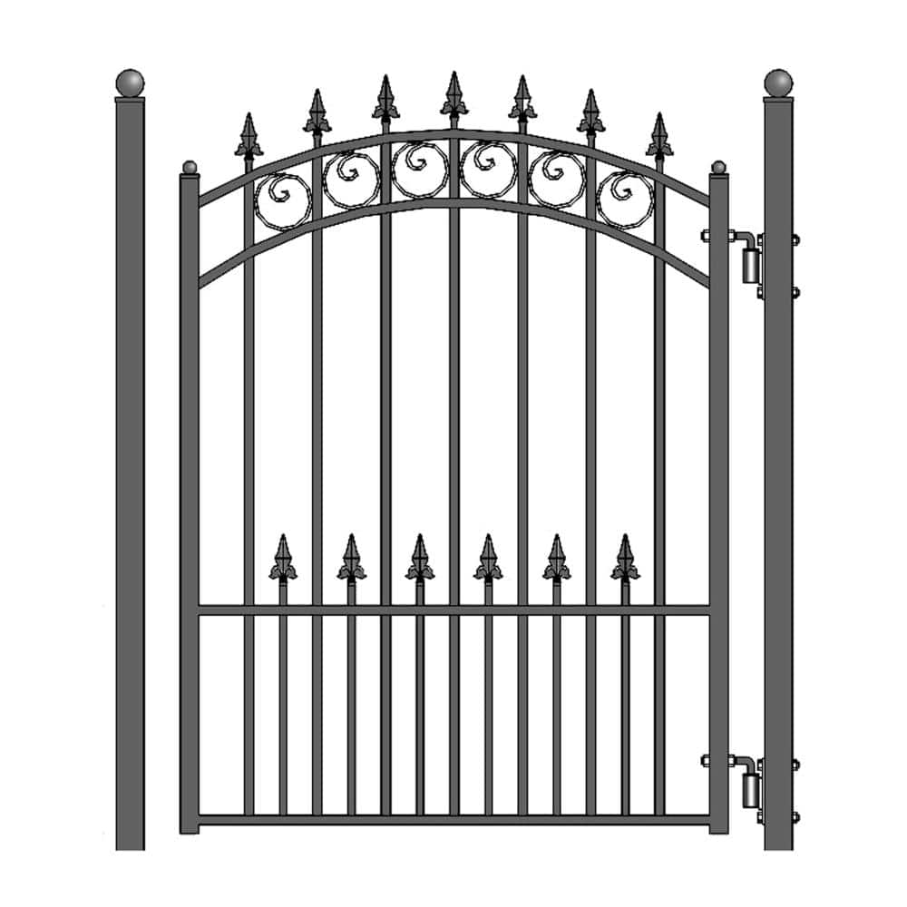 Prague Style Black Steel Arched Driveway Gate with Pedestrian Gate