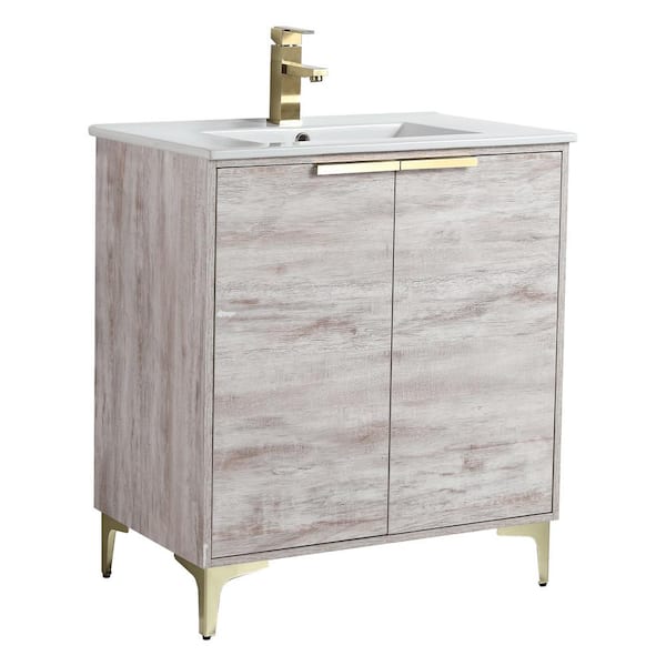 FINE FIXTURES 30 in. W x 18.5 in. D x 35.25 in. H Bath Vanity in Rustic White with Satin Brass Hardware and White Ceramic Sink Top