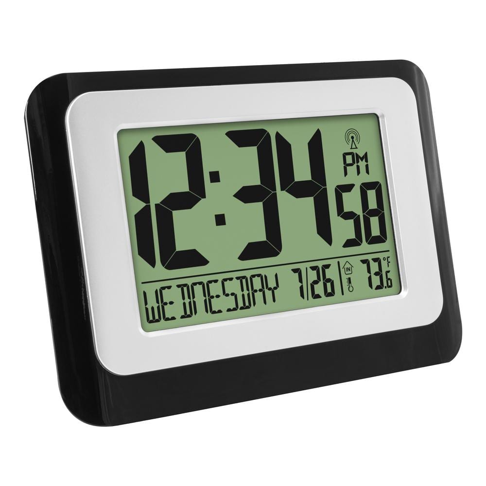 Black and Silver Digital Atomic Wall Clock with Temperature Display