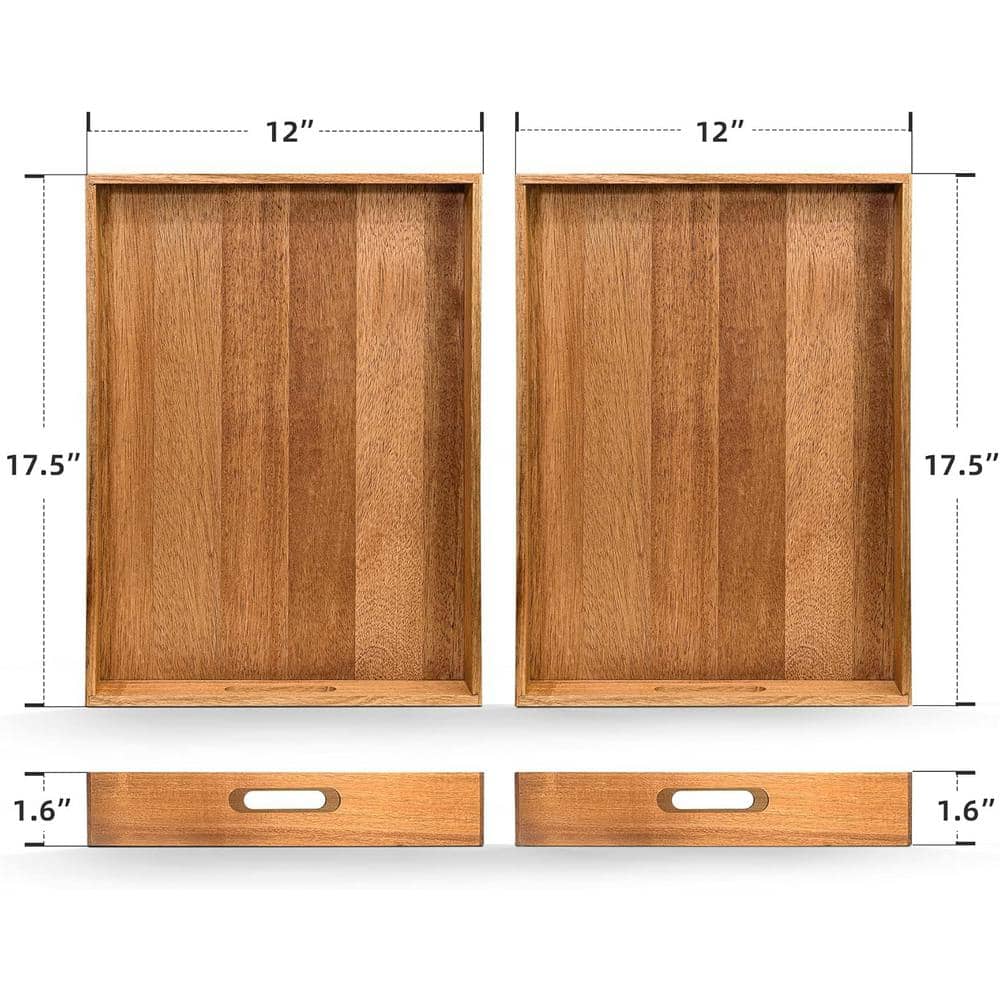 Acacia Wood Rectangular Serving Trays with Handles, Set of 2