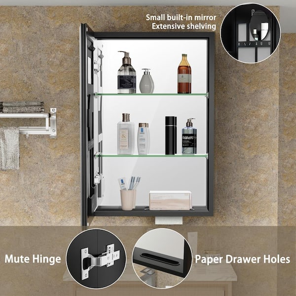 tunuo 18 in. W x 26.8 in. H Rectangular Aluminum Surface Mount Medicine Cabinet with Mirror, Tissue Drawer Hole, 3x Magnifier