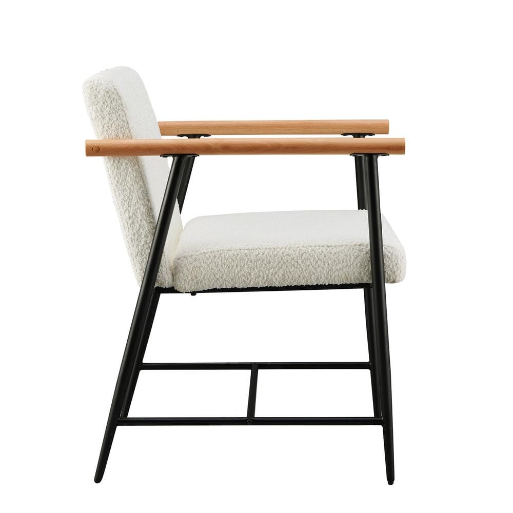 Modern Beige Upholstered Arm Chairs with Black Metal Frame, Set of 2