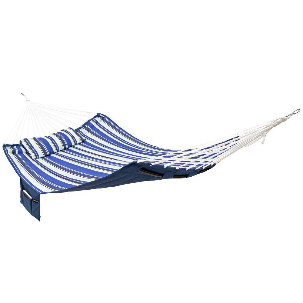 Blue and White Quilted Double Hammock with Metal Spreader Bars