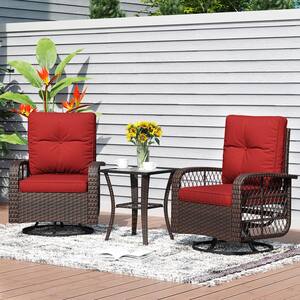 3-Piece Brown Wicker Outdoor Rocking Chair Set Outdoor SwivelChairs with Orange Cushions