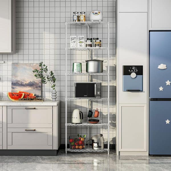 6-Shelf Corner Wire Rack with Adjustable Shelves Heavy Duty Metal Storage Unit in White Finish for Bathroom Kitchen