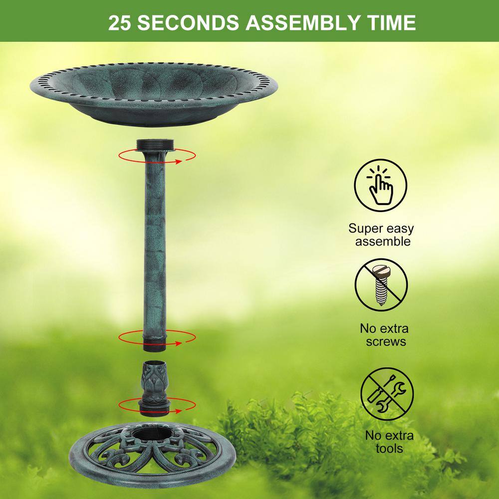 Antique Green 28" Resin Bird Bath with Solar Fountain
