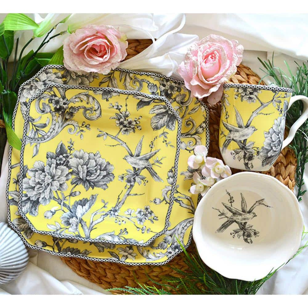 Adelaide Yellow Floral Porcelain Square Dinnerware Set, Service for 4