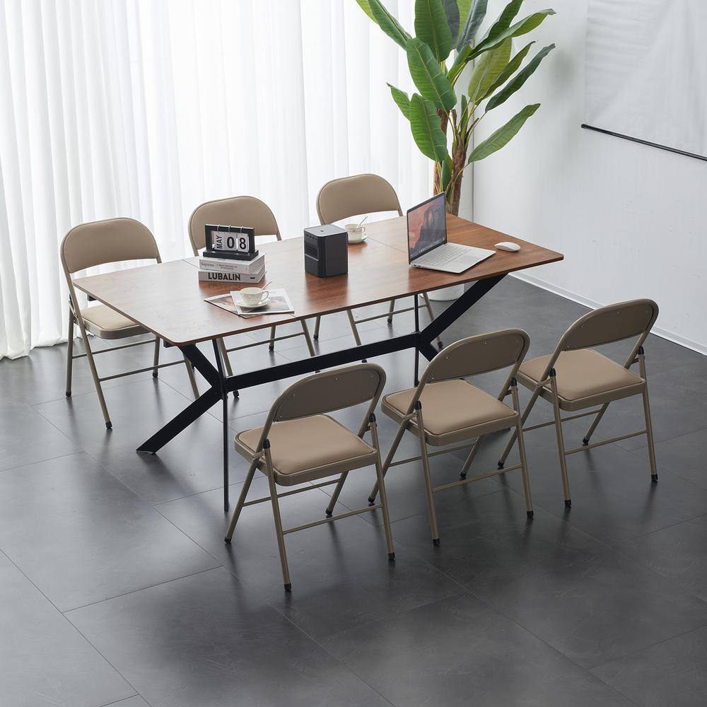 Set of 6 Light Brown Faux Leather Armless Folding Chairs with Metal Frame