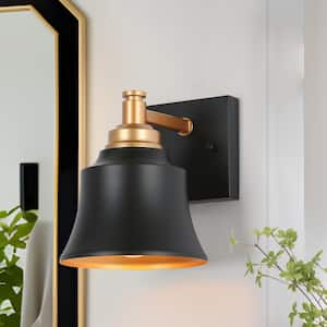 Modern 6 in. 1-Light Painted Black and Gold Bathroom Wall Sconce with Bell Metal Shade