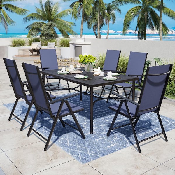 PHI VILLA Blue 7-Pieces Metal Outdoor Patio Dining Set with Folding Sling Dining Chairs