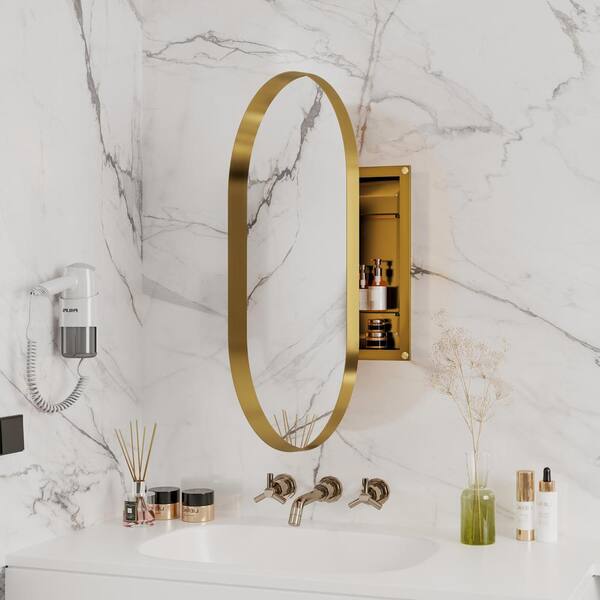 Tenleaf 20.47 in. W x 33.46 in. H Oval Metal Medicine Cabinet with Mirror, Wall Cabinet with Adjustable Shelves, Gold