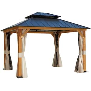 11 ft. x 13 ft. Hardtop Gazebo, Outdoor Cedar Wood Gazebo with Privacy Curtains and Mosquito Netting
