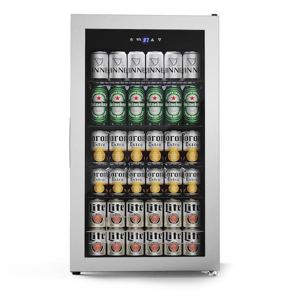 17.5 in. Single Zone 150-Can Freestanding Beverage Refrigerator in Silver with Recessed Handle and White LED Lighting