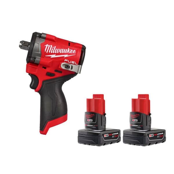 M12 FUEL 12V Lithium-Ion Brushless Cordless Stubby 1/2 in. Impact Wrench with Pin Detent with (2) 3.0 Ah Batteries