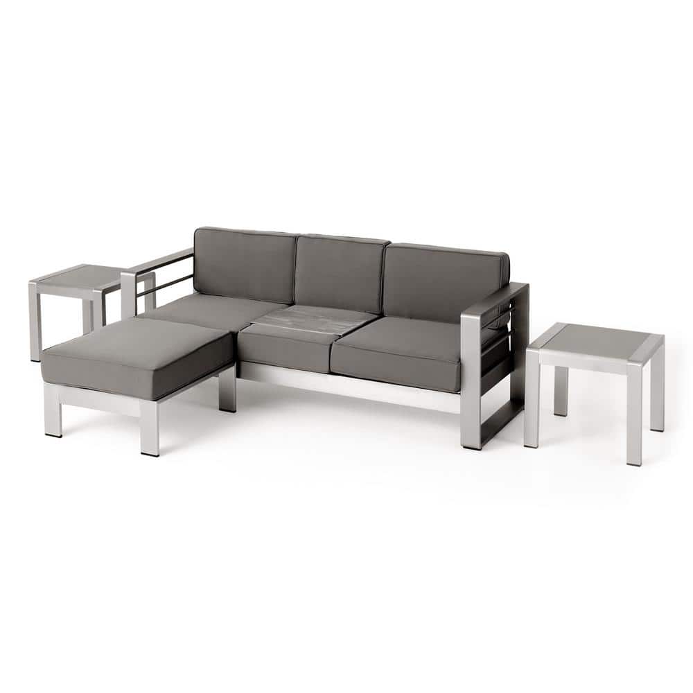 Cape Coral Silver 4-Piece Aluminum Outdoor Patio Conversation Sectional Seating Set with Khaki Cushions price history on PriceWatchPro