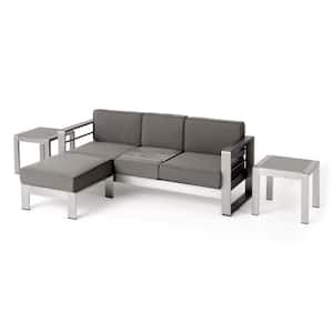 Cape Coral Silver 4-Piece Aluminum Outdoor Patio Conversation Sectional Seating Set with Khaki Cushions