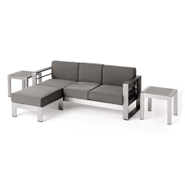 Noble House Cape Coral Silver 4-Piece Aluminum Outdoor Patio Conversation Sectional Seating Set with Khaki Cushions