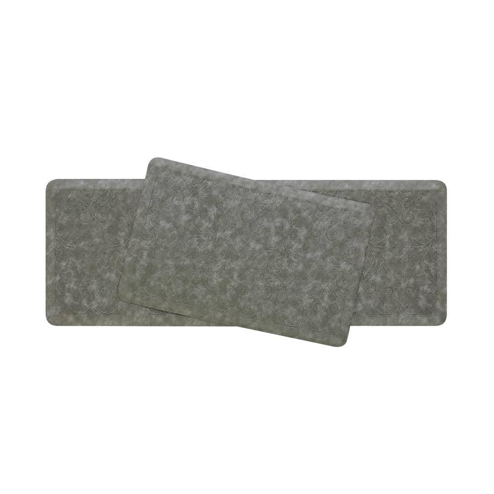Light Gray Embossed Faux Leather Anti-Fatigue Kitchen Mat Set
