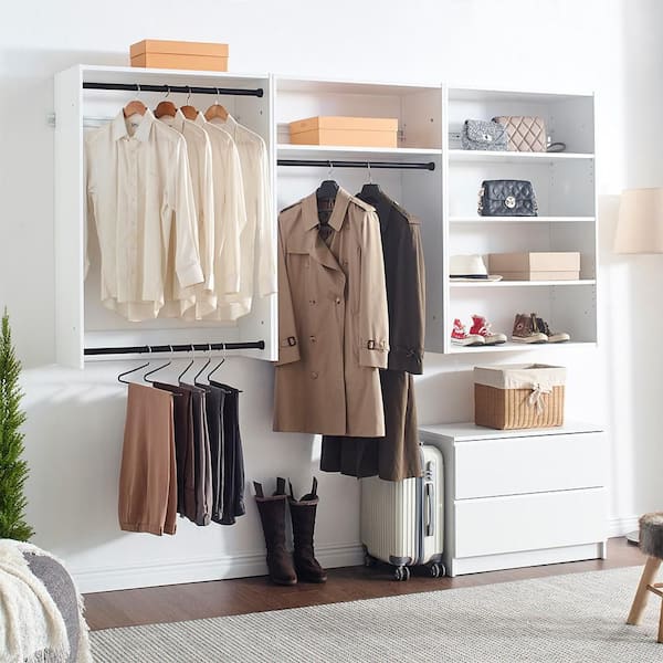 Devi Series 31.5-94. 5in. W White Wall Mount Hanging Rods, Adjustable-Shelves & Drawer Unit 5-Shelf Wood Closet System