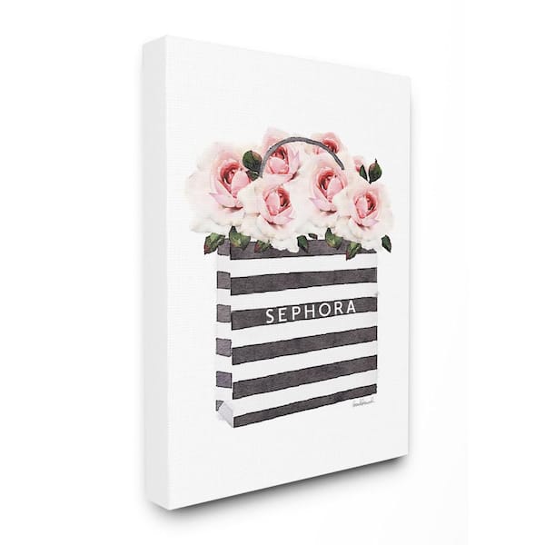 Stupell Industries 30 in. x 40 in. "Striped Makeup Shopping Bag Filled with Pink Roses" by Artist Amanda Greenwood Canvas Wall Art