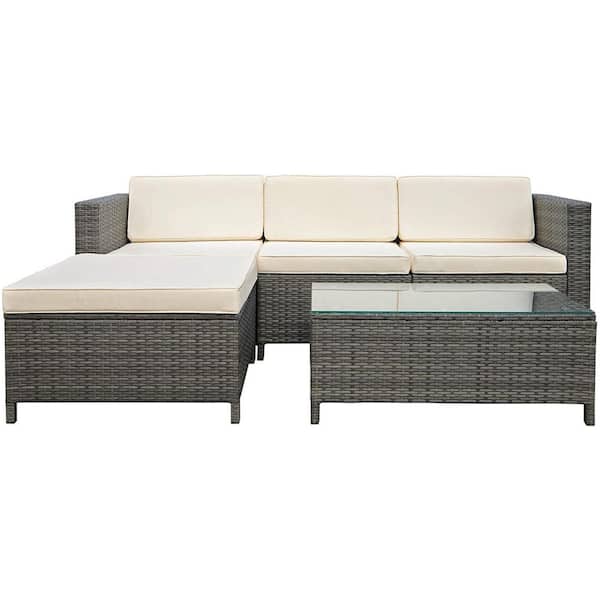 SUNVIVI 5-Piece Wicker Outdoor Couch with Beige Cushions