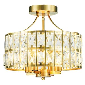Modern 12.6 in. 4-Light Round Gold Drum Semi Flush Mount Ceiling Light with Clear Crystal Glass With No Bulbs Included