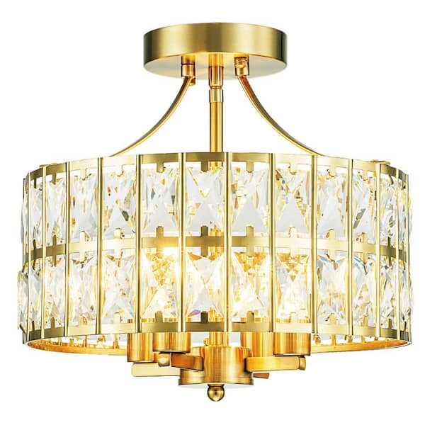 Sefinn Four Modern 12.6 in. 4-Light Round Gold Drum Semi Flush Mount Ceiling Light with Clear Crystal Glass With No Bulbs Included