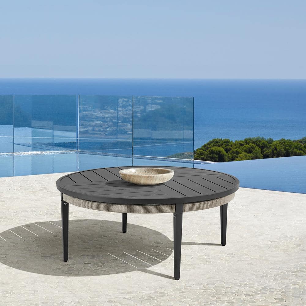 Zella 42" Charcoal Aluminum Round Outdoor Coffee Table with Light Gray Rope