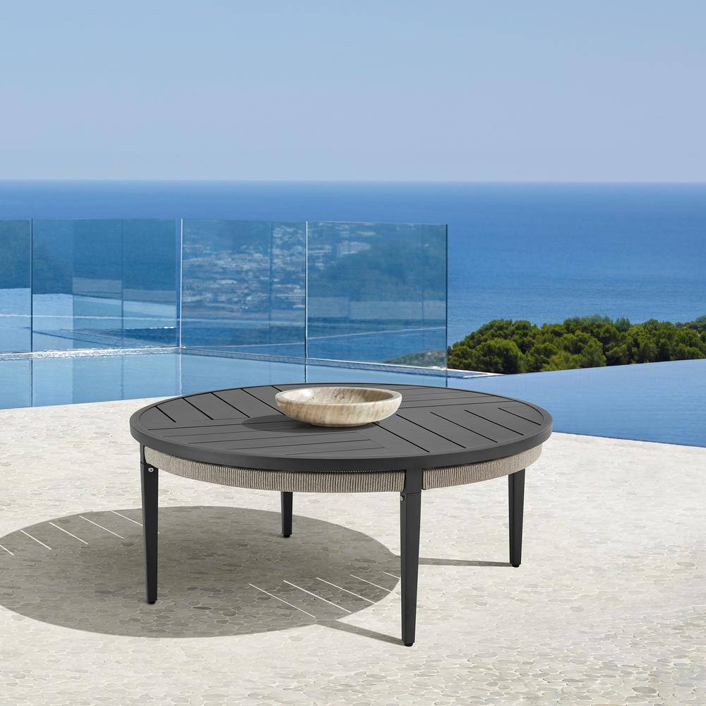 Zella 42" Charcoal Aluminum Round Outdoor Coffee Table with Light Gray Rope